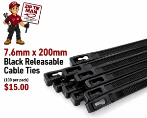 7.6mm x 200mm White Releasable Cable Ties 100pcs